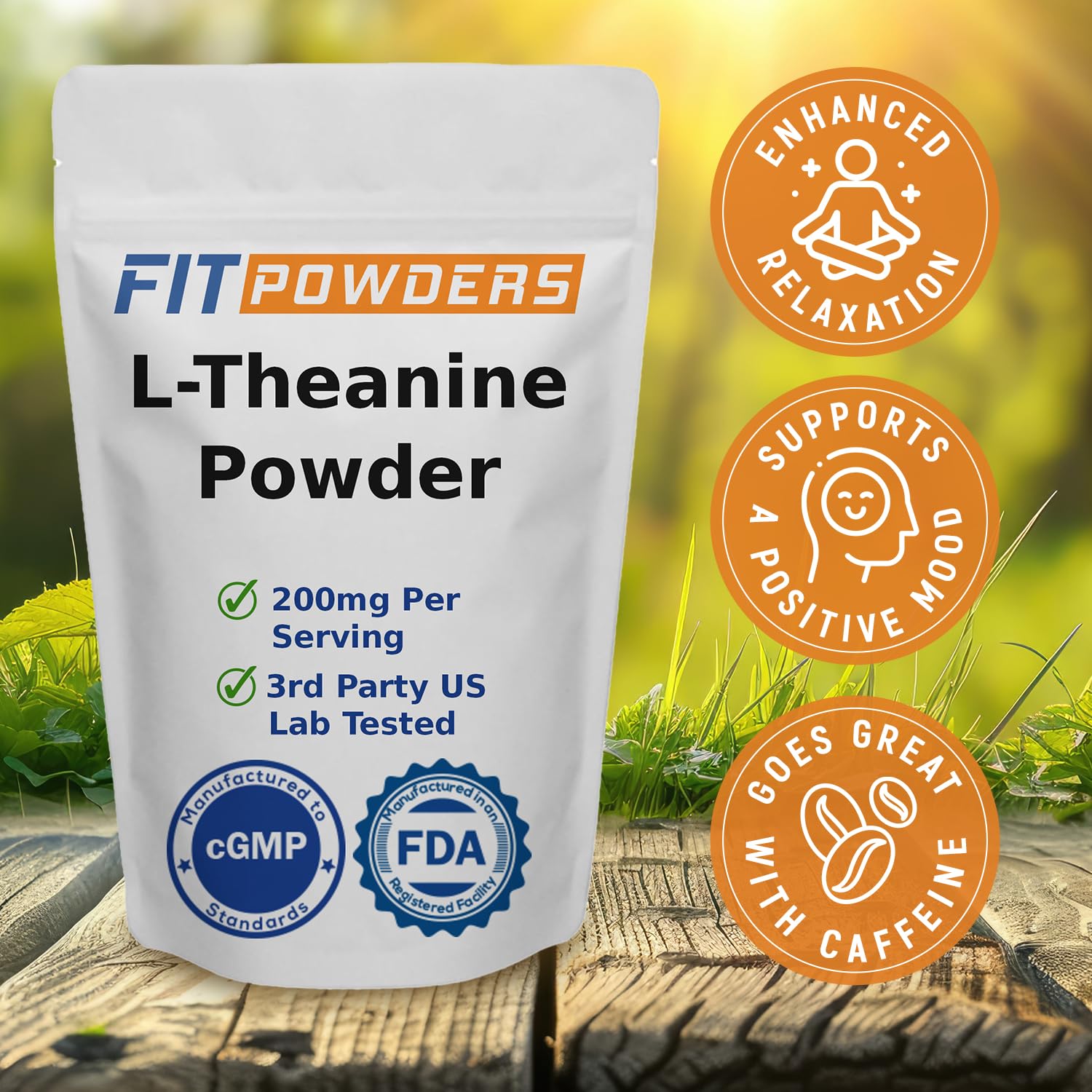 FitPowders L-Theanine scoop included for precise 200 mg dosing.