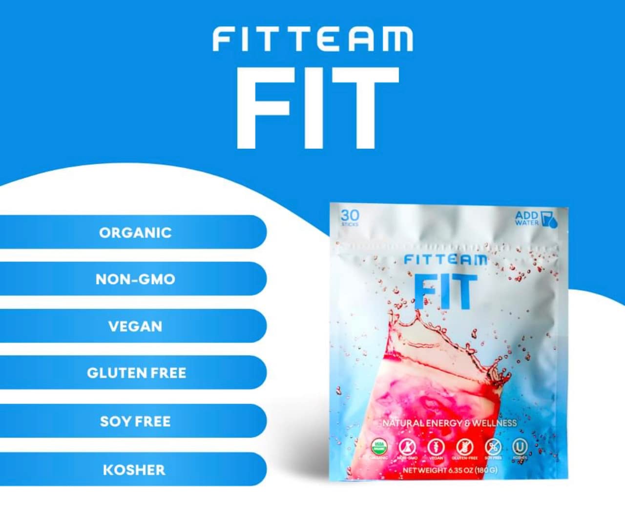Fitteam Fit 30 bottle on kitchen counter showing daily energy support