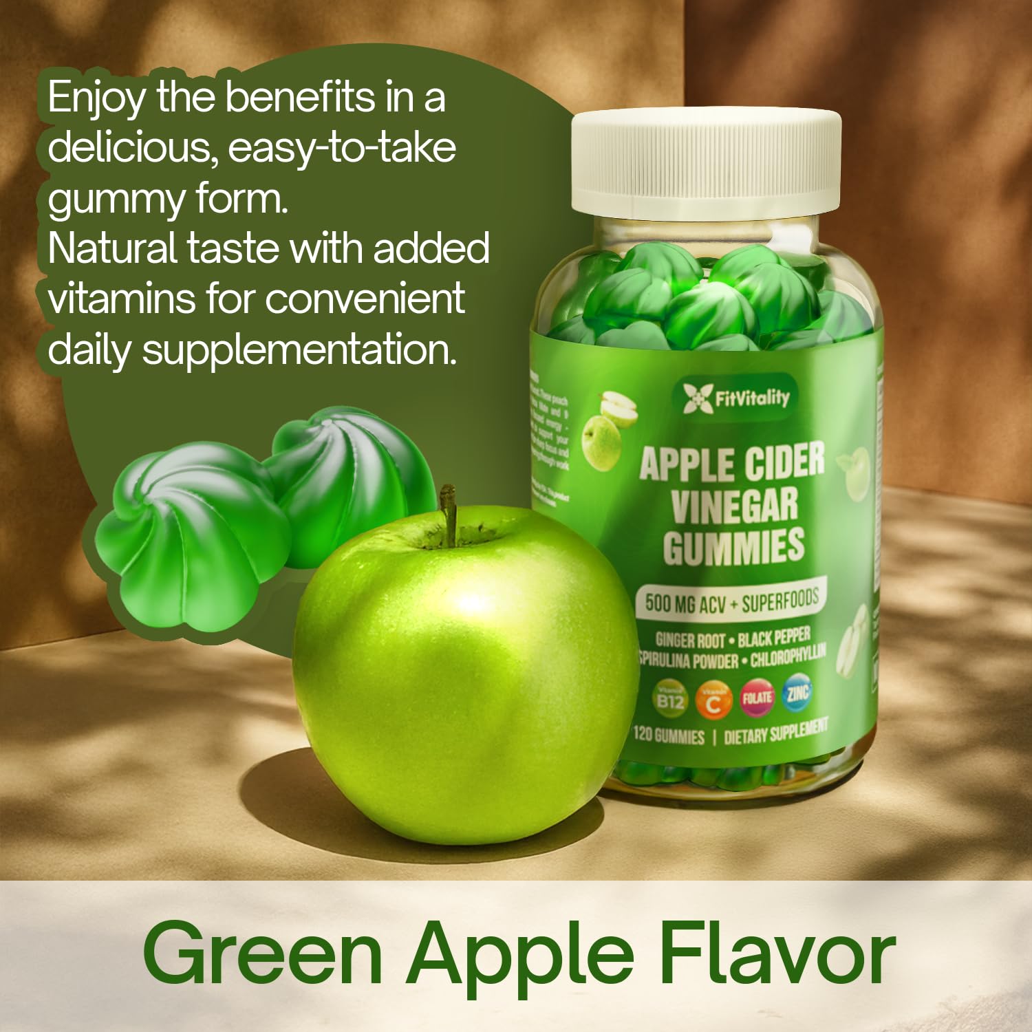 FitVitality 120 ACV Gummies ginger root detail signals natural flavor and zest.