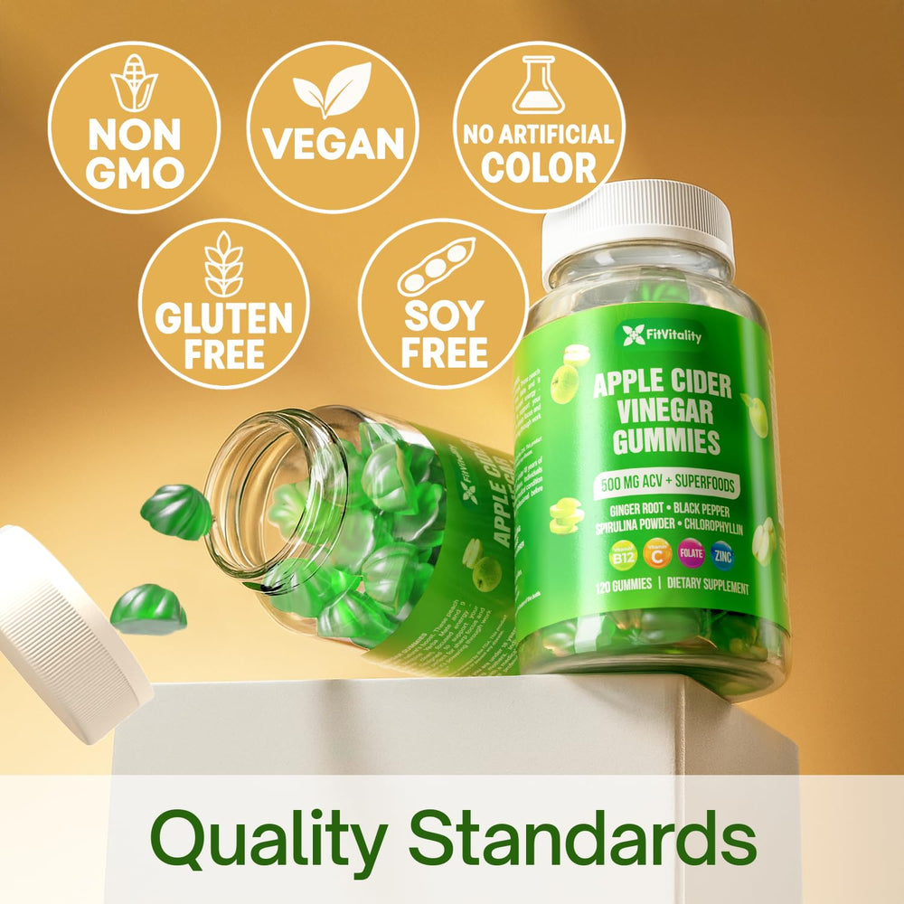 FitVitality 120 ACV Gummies packaging box emphasizes non-GMO quality.