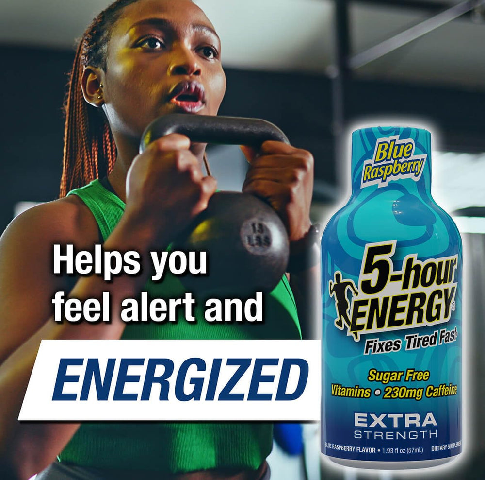 Five-hour ENERGY blue raspberry flavor bottle closeup highlighting ingredients