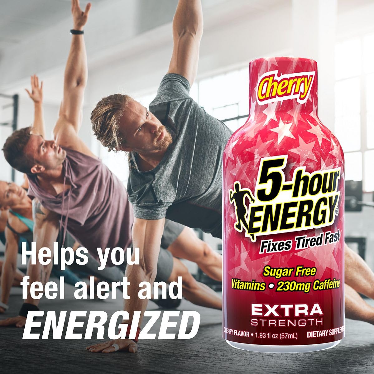 Five-hour ENERGY Cherry Shot label closeup highlighting flavor and energy blend.
