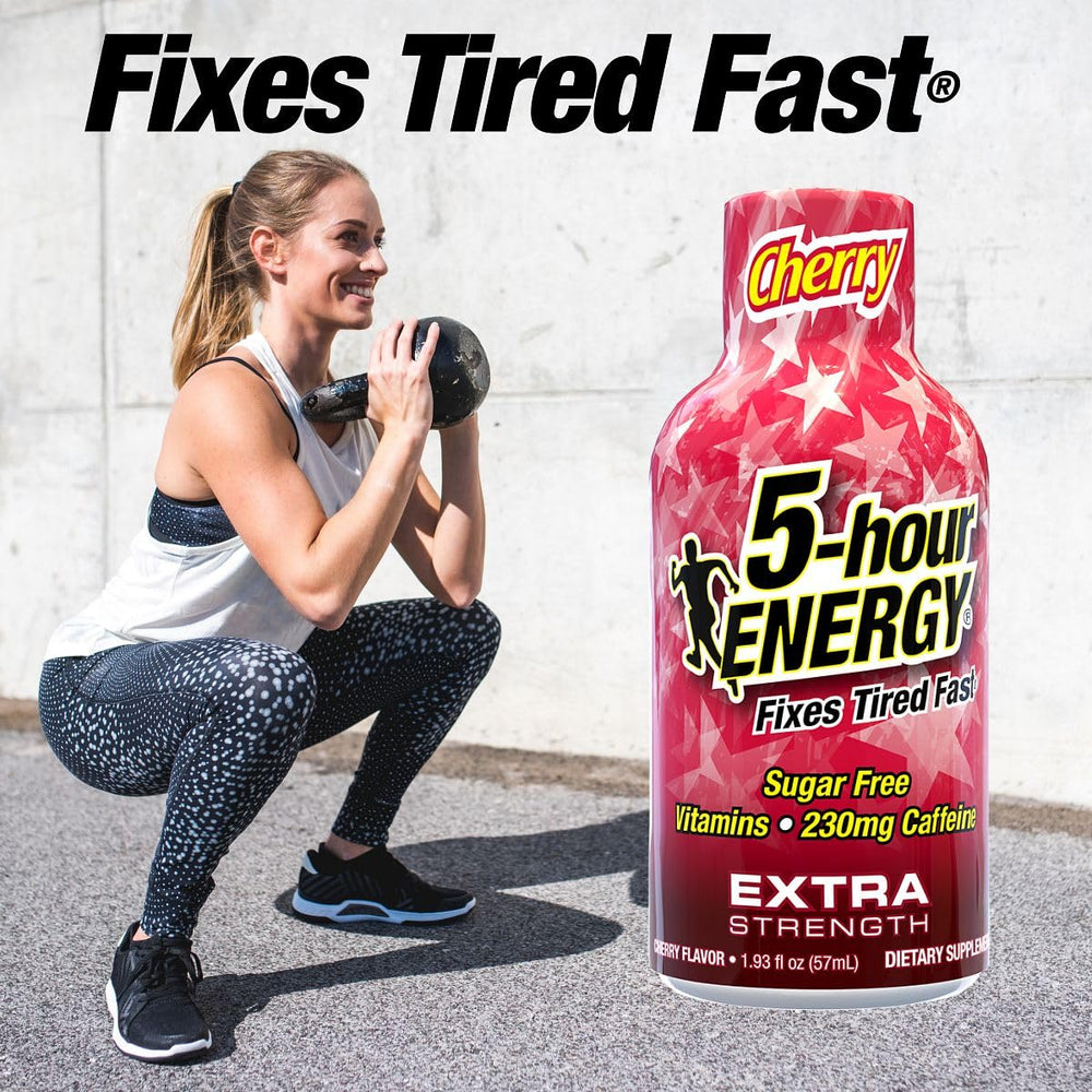 Five-hour ENERGY Cherry Shot packaging box showing zero sugar convenience.