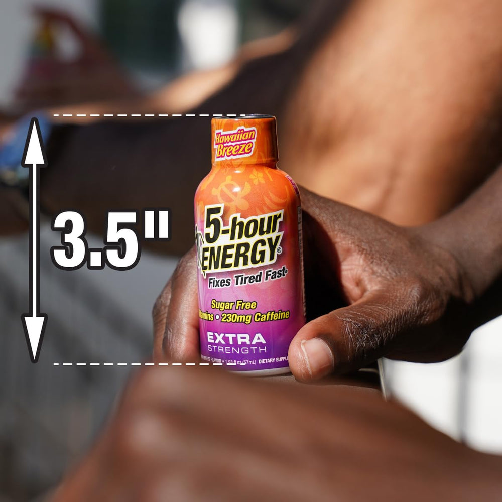 Five-hour Energy Hawaiian Breeze on a desk for quick focus.