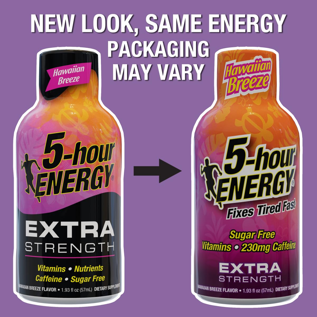 Five-hour Energy Hawaiian Breeze label detail shows zero sugar.
