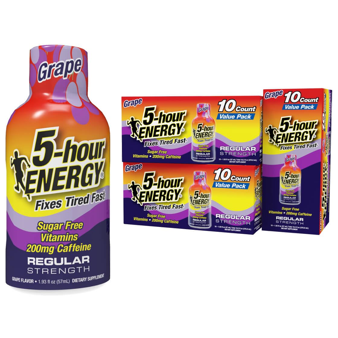 5-hour ENERGY grape regular bottle shows zero sugar and 200 mg caffeine for quick alertness.