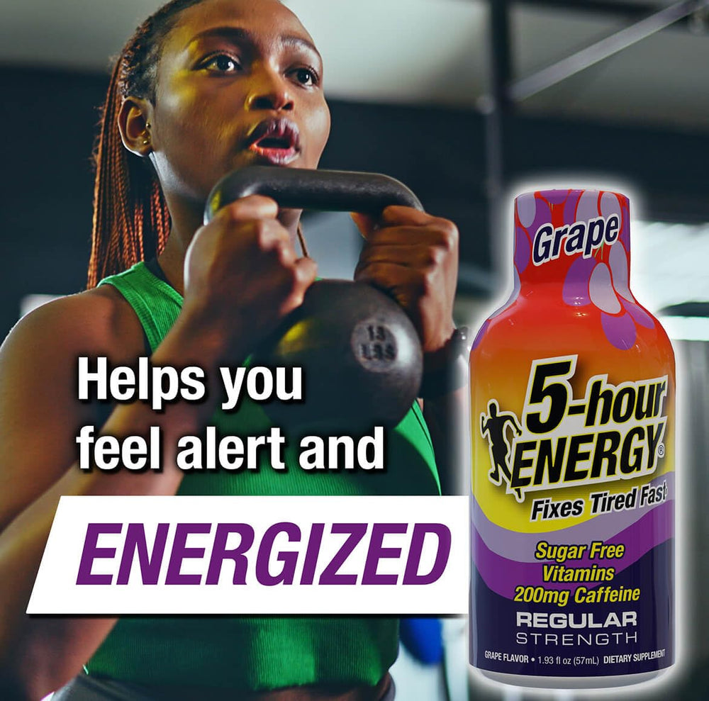 5-hour ENERGY grape regular label emphasizes zero calories and sugar-free formula.