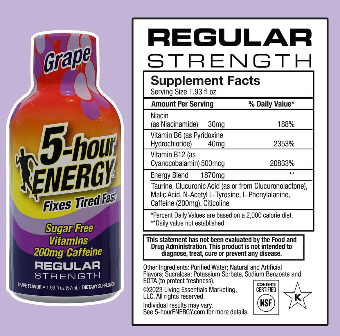 5-hour ENERGY grape regular pour highlights fast-acting caffeine for busy mornings.