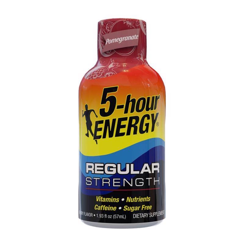 Five-hour ENERGY Pomegranate shot label, showing ingredients and nutrition for quick energy.