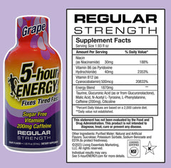 Five-hour ENERGY Regular Strength bottle label close-up highlighting caffeine and vitamins