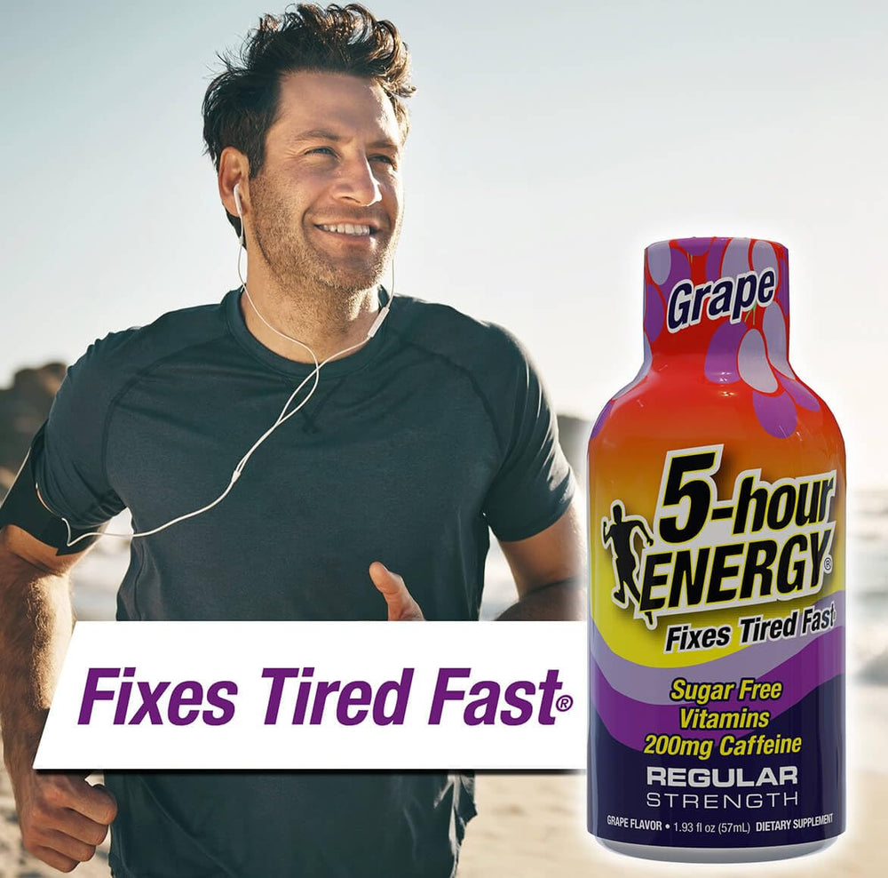 Five-hour ENERGY Regular Strength pack shot showing 20-bottle supply for travel