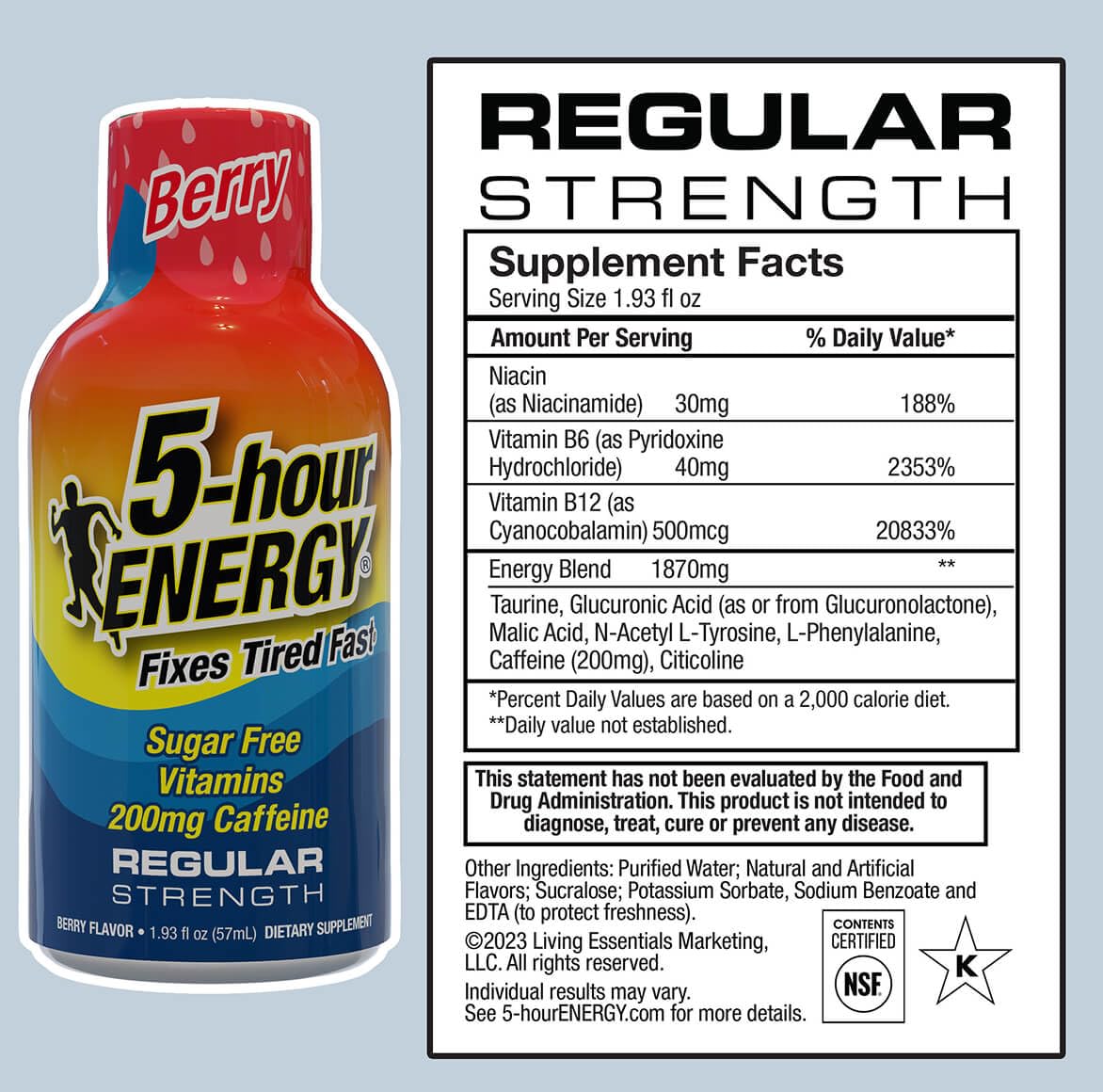 5-hour ENERGY Berry pour shot depicting fast caffeine and focused energy.