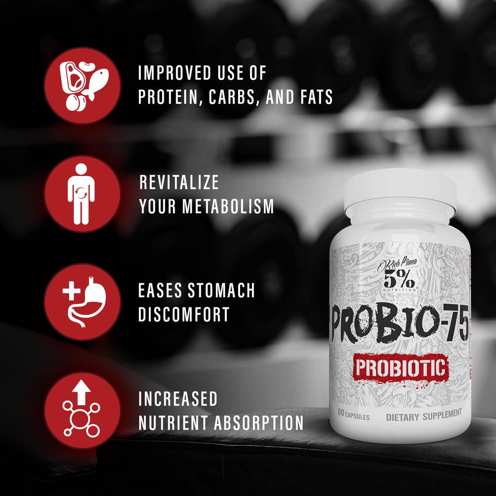 Five Percent Nutrition Probio-75 label closeup communicates prebiotic support.
