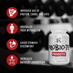 Five Percent Nutrition Probio-75 label closeup communicates prebiotic support.