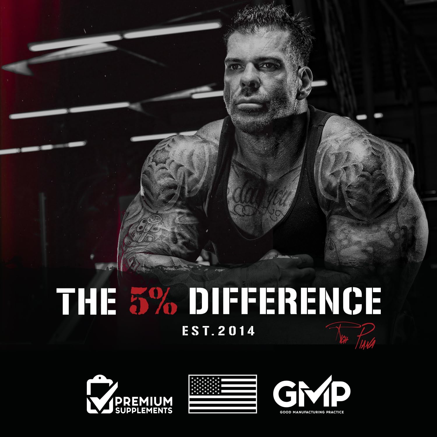 5% Nutrition Rich Piana ADYM bottle on gym floor