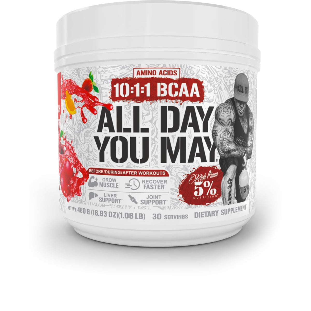 5% Nutrition Rich Piana ADYM bottle pouring for hydration during workouts