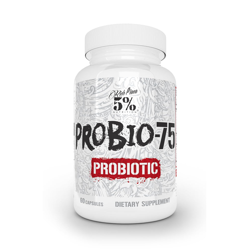 Five Percent Nutrition Rich Piana Probio-75 bottle showcases vegan probiotic formula for daily digestion support.