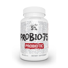 Five Percent Nutrition Rich Piana Probio-75 bottle showcases vegan probiotic formula for daily digestion support.