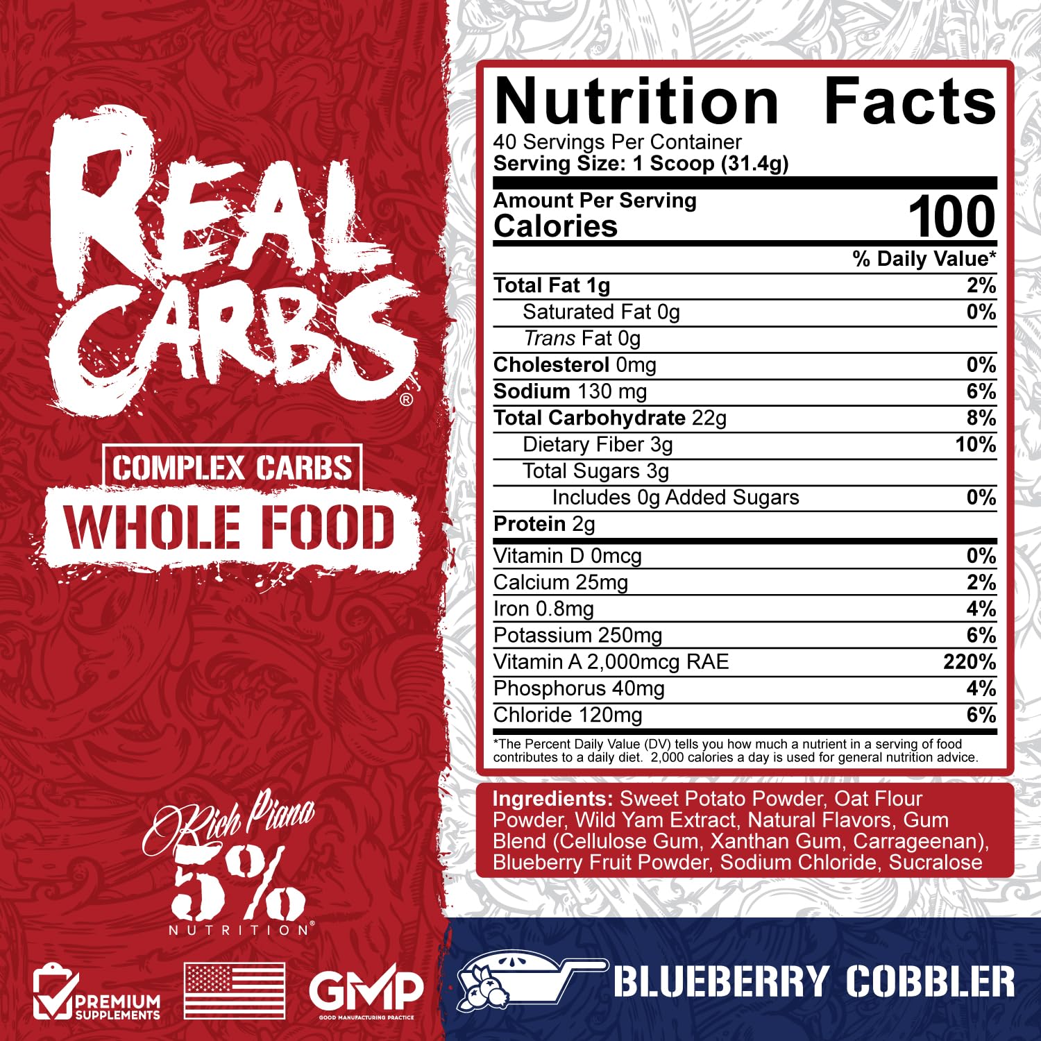 Five Percent Nutrition Rich Piana Real Carbs scoop for quick, convenient pre-workout fueling