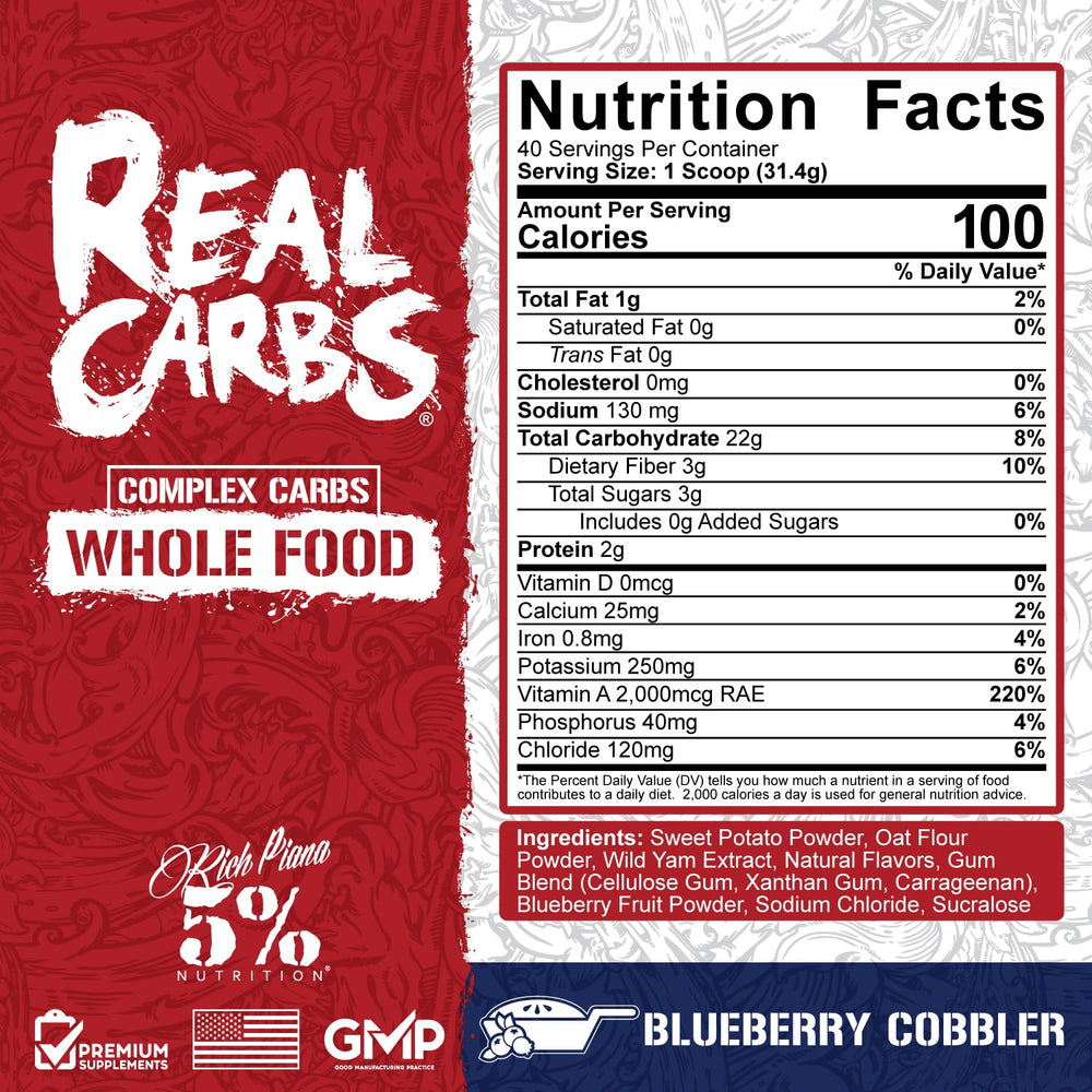 Five Percent Nutrition Rich Piana Real Carbs scoop for quick, convenient pre-workout fueling