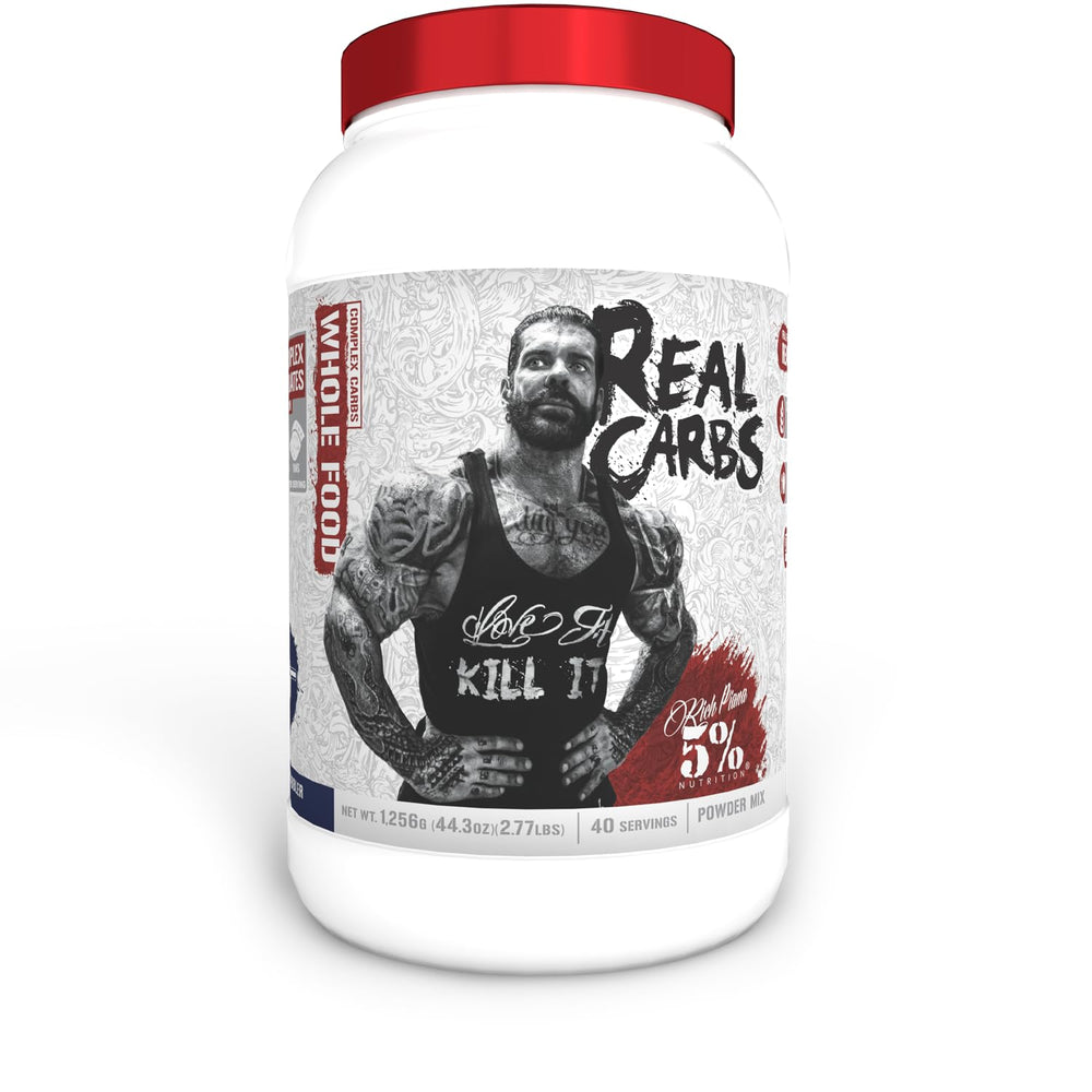 Five Percent Nutrition Rich Piana Real Carbs Blueberry Cobbler tub for steady energy during workouts