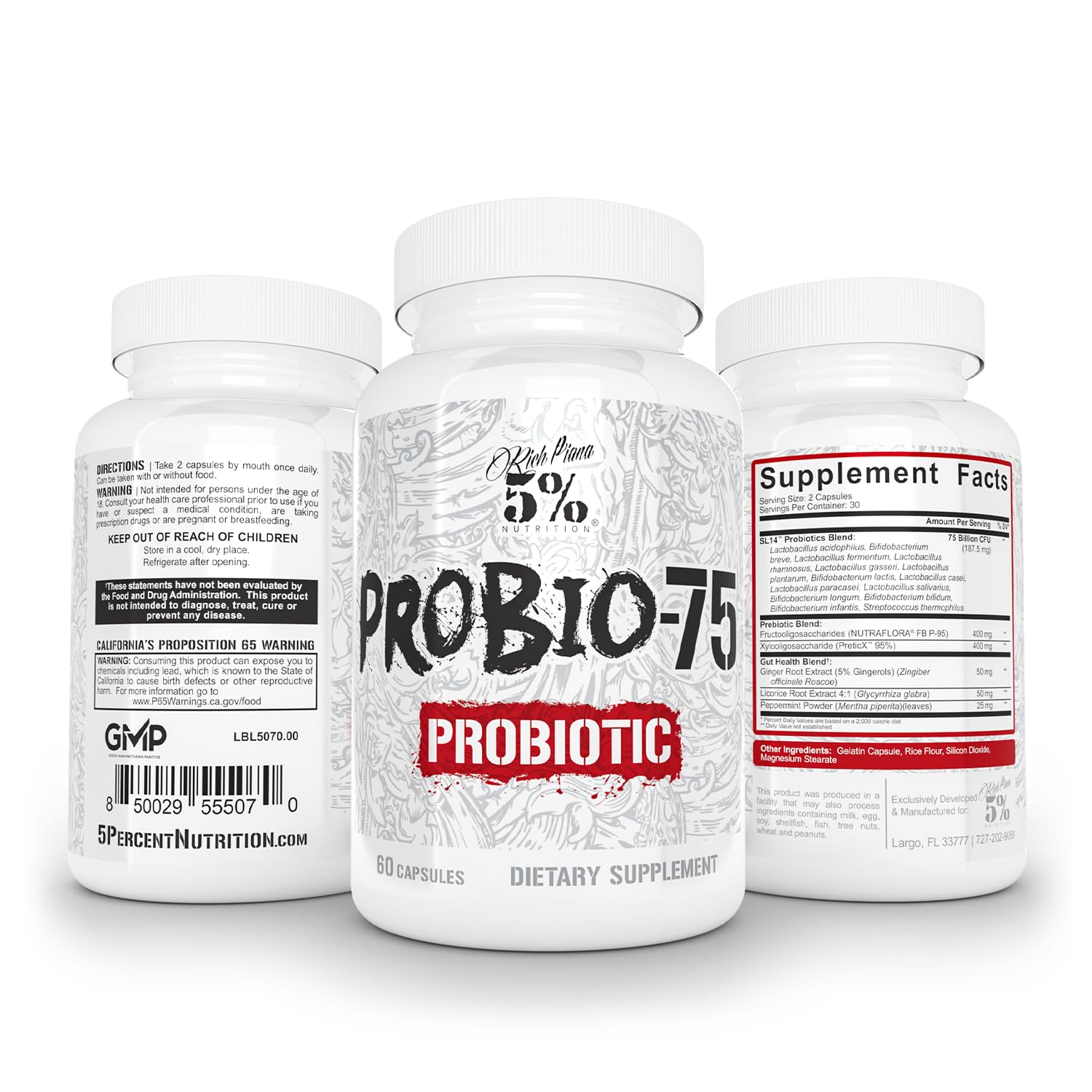 Five Percent Nutrition vegan probiotic packaging emphasizes cruelty-free wellness support.