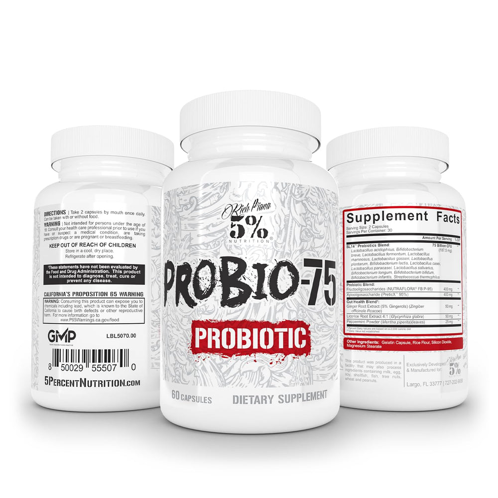 Five Percent Nutrition vegan probiotic packaging emphasizes cruelty-free wellness support.