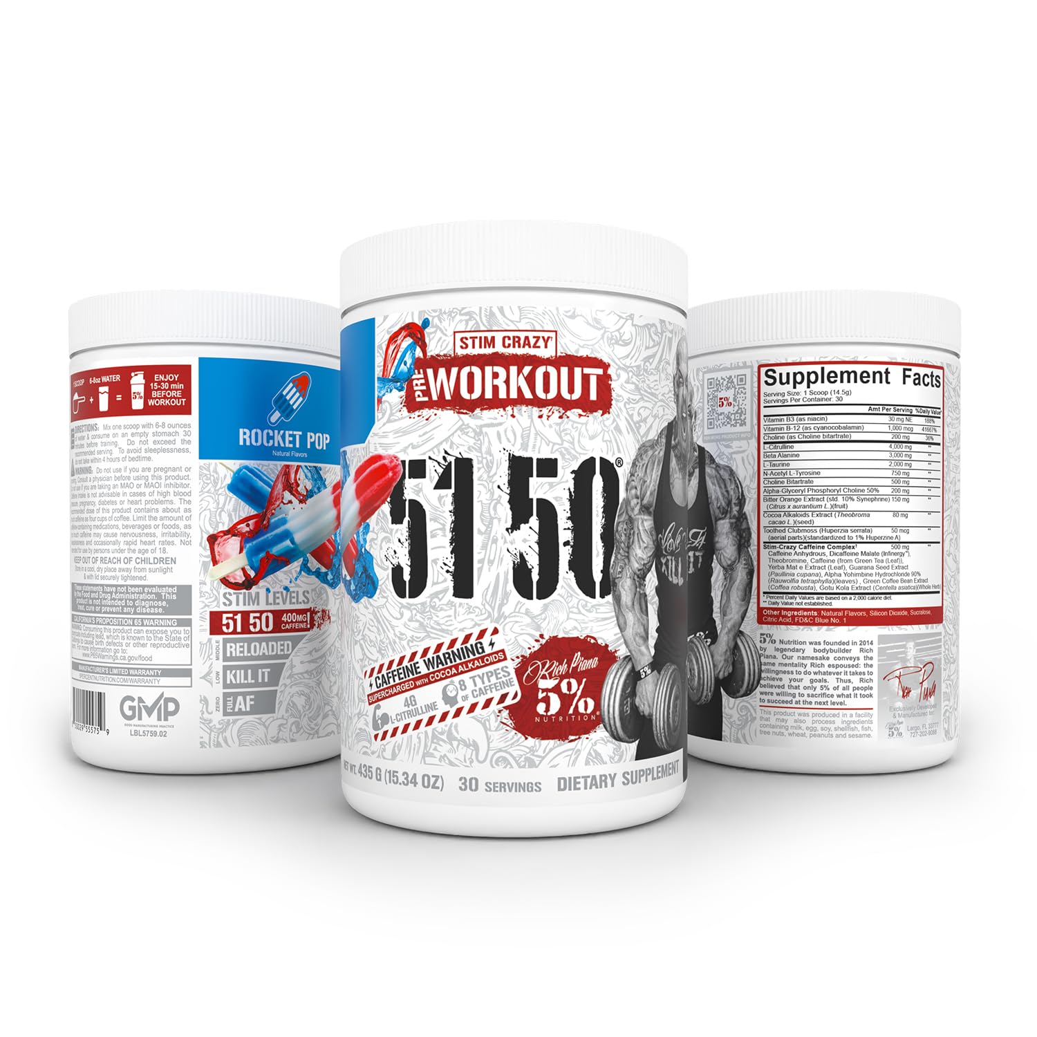 Five Percent Rich Piana 5150 label close-up highlighting flavor and caffeine blend.