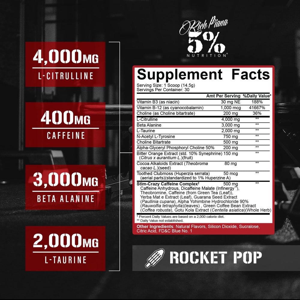 Five Percent Rich Piana 5150 rocket pop tub showing powder texture for high-stim sessions.