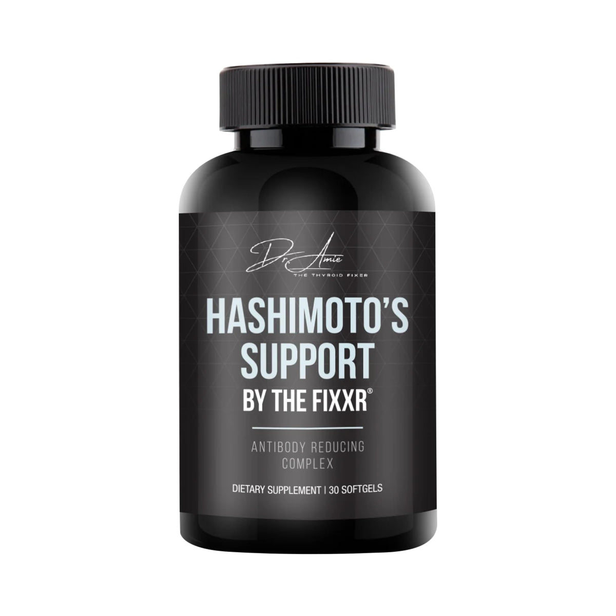 Fixxr Hashimoto's Support by Dr. Amie bottle close-up supporting thyroid balance.