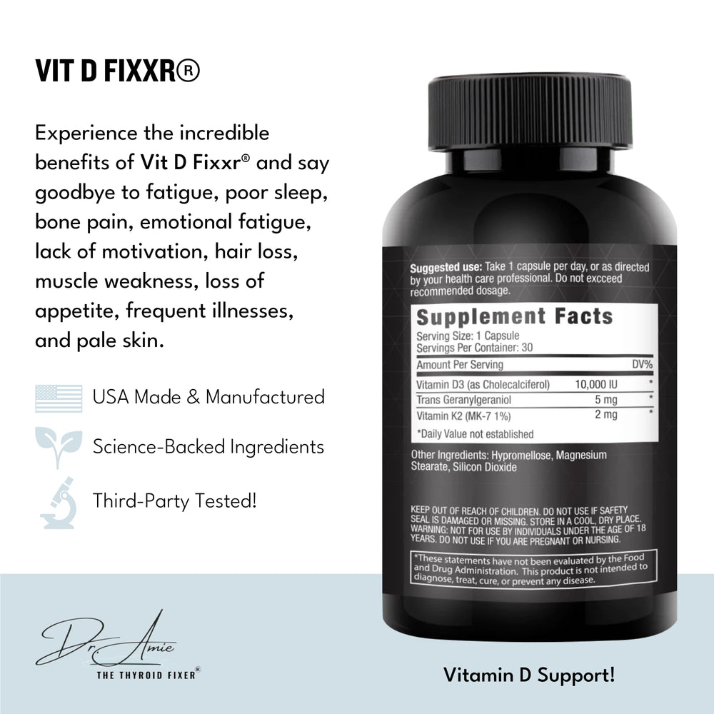Fixxr VIT D by Dr. Amie capsules laid out to suggest high potency daily use with immune support.