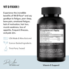 Fixxr VIT D by Dr. Amie capsules laid out to suggest high potency daily use with immune support.