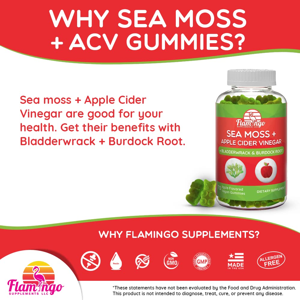 Flamingo Sea Moss Gummies ingredients label shows ACV bladderwrack burdock root