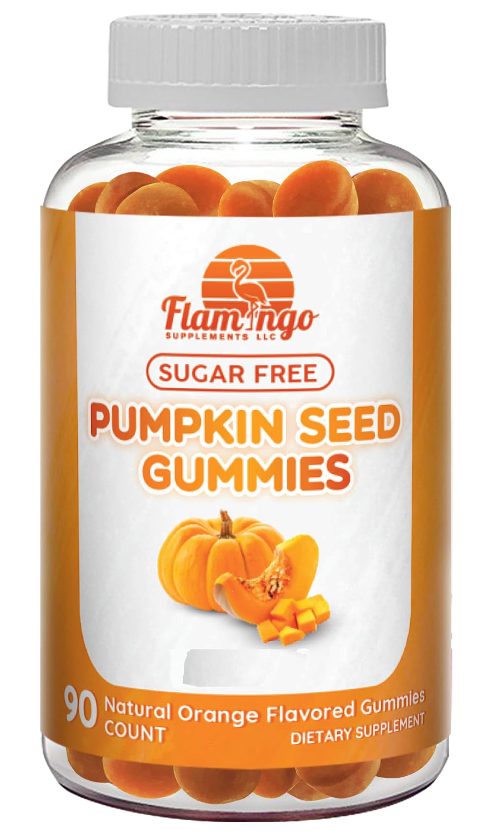 Flamingo Supplements pumpkin seed oil gummies bottle supports daily wellness with potential hair, bladder, and skin benefits.