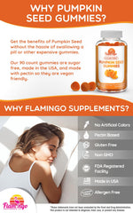 Flamingo Supplements pumpkin seed oil gummies packaging showing vegan, sugar-free formula for guilt-free daily snacking.