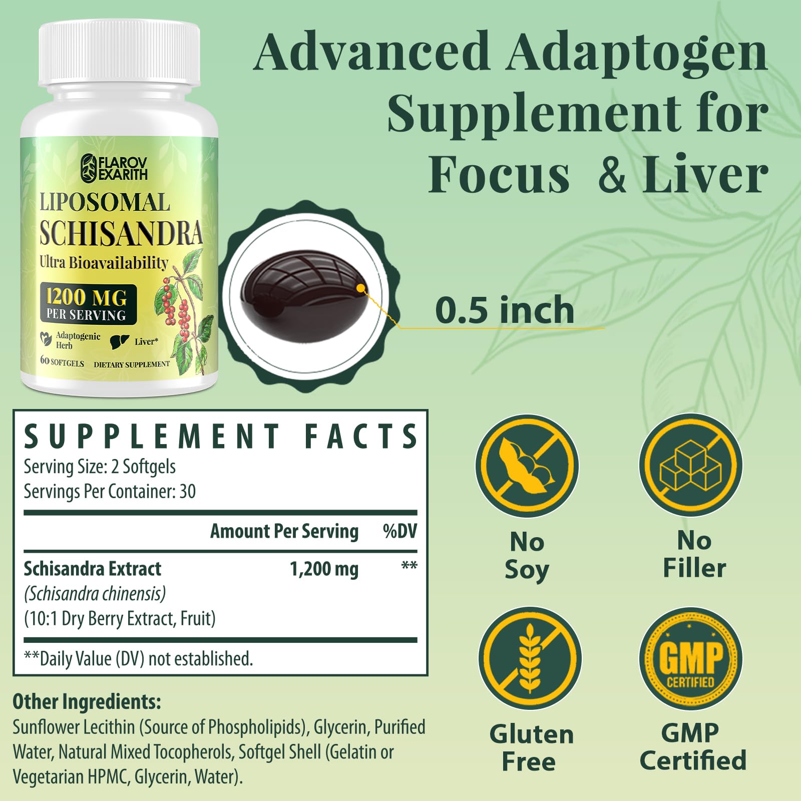 Product packaging with 60 softgels and calm energy messaging.