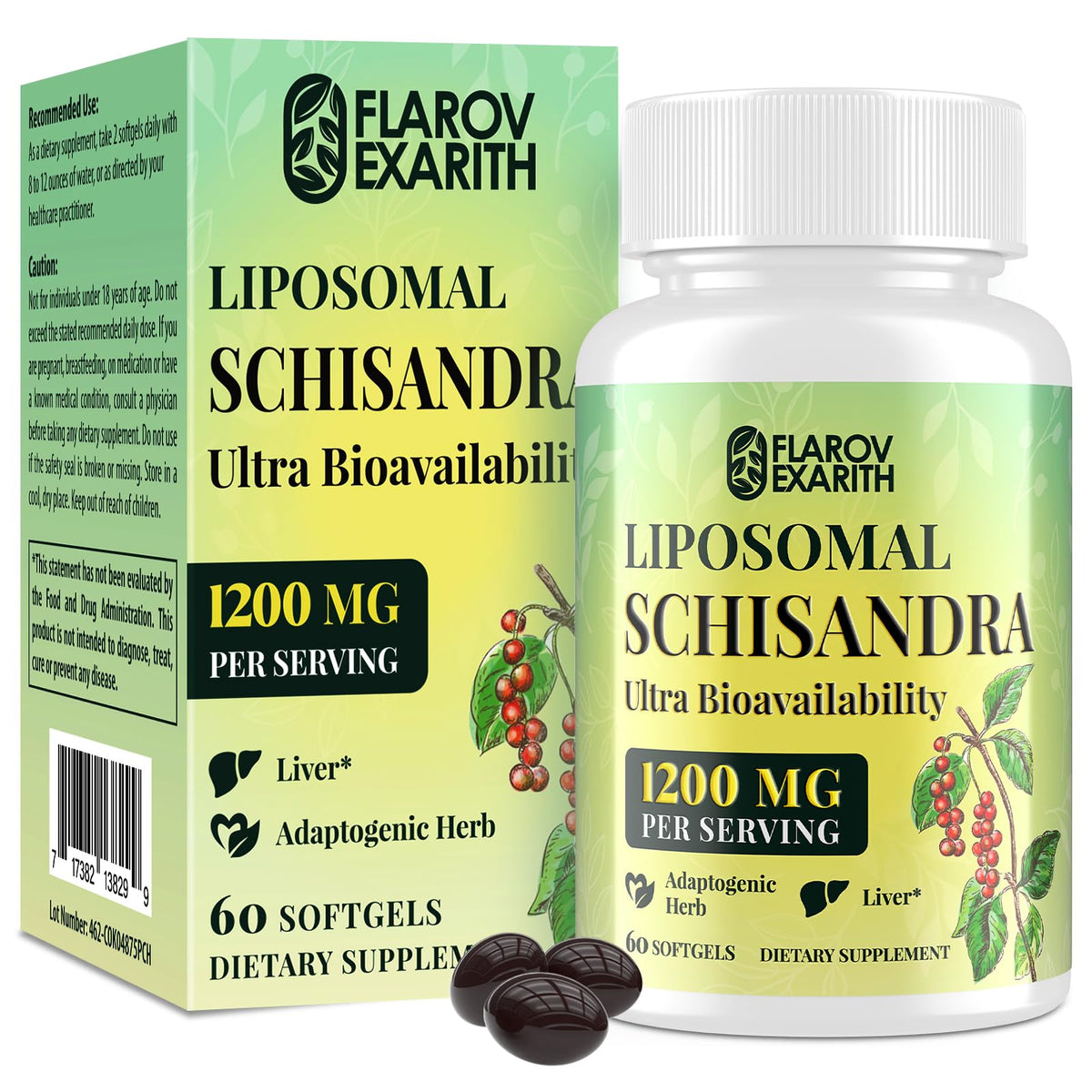 Flarovexarith liposomal Schisandra bottle for calm focus and energy.