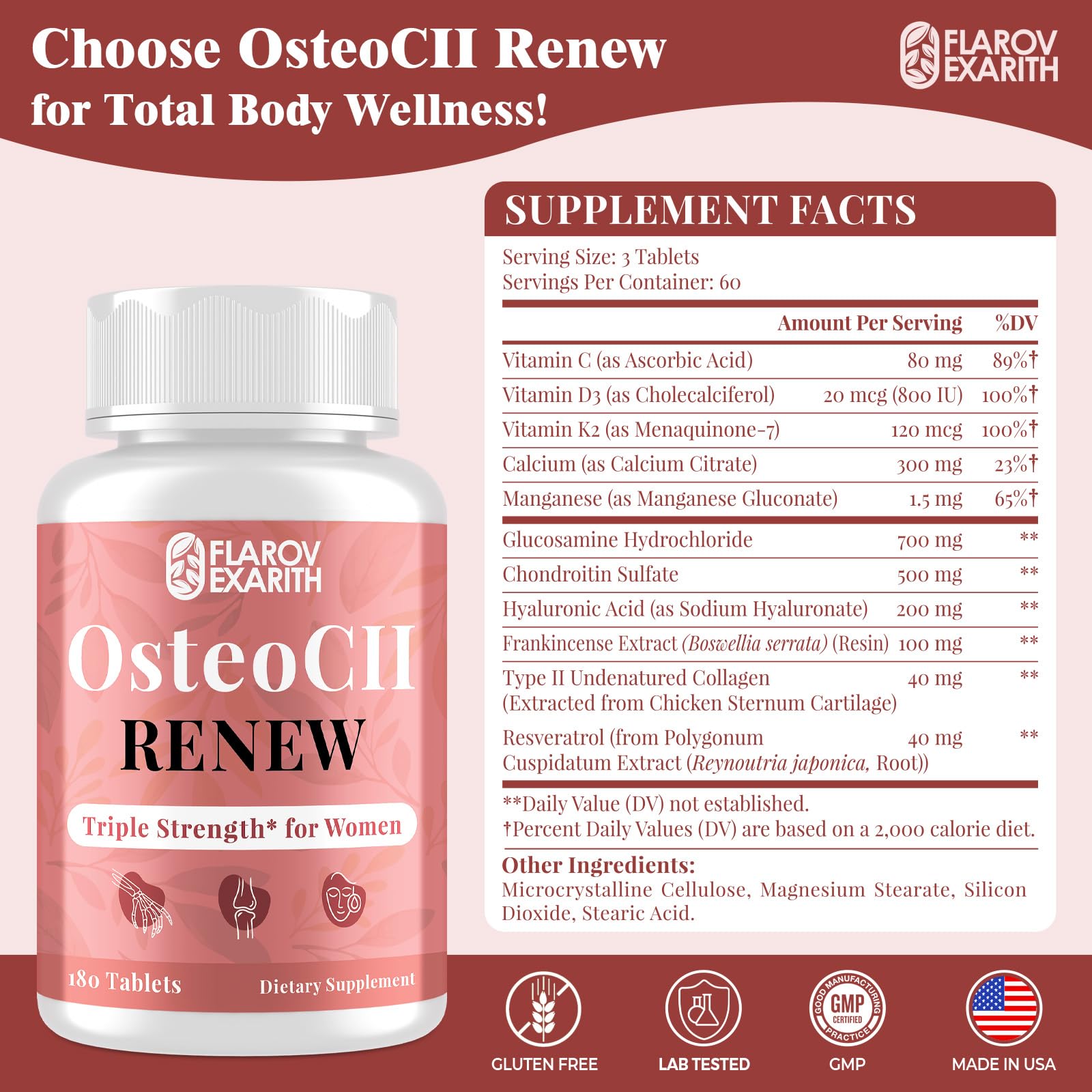 Icons representing calcium and vitamin D3 with Flarovexarith OsteoCII Renew
