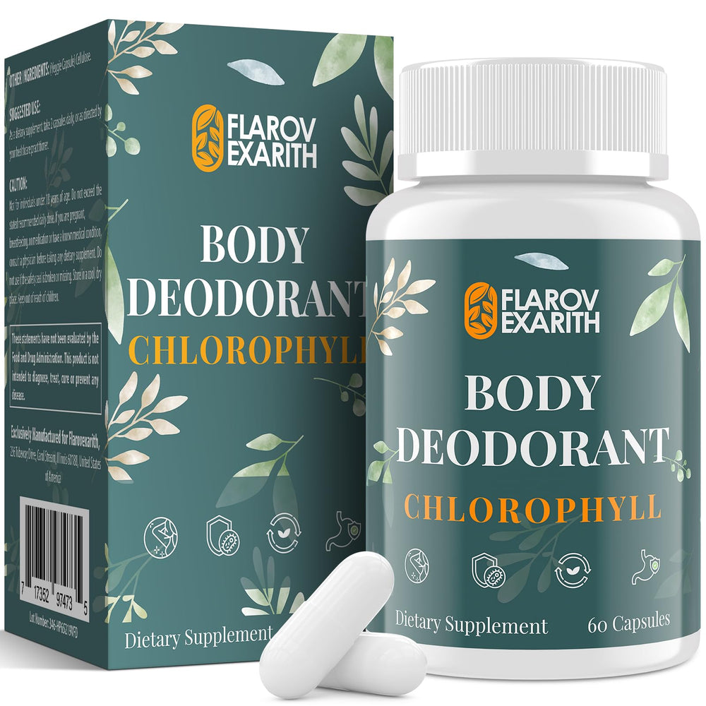 Flarovexarith packaging displays vegan chlorophyll capsules for a fresh daily routine.