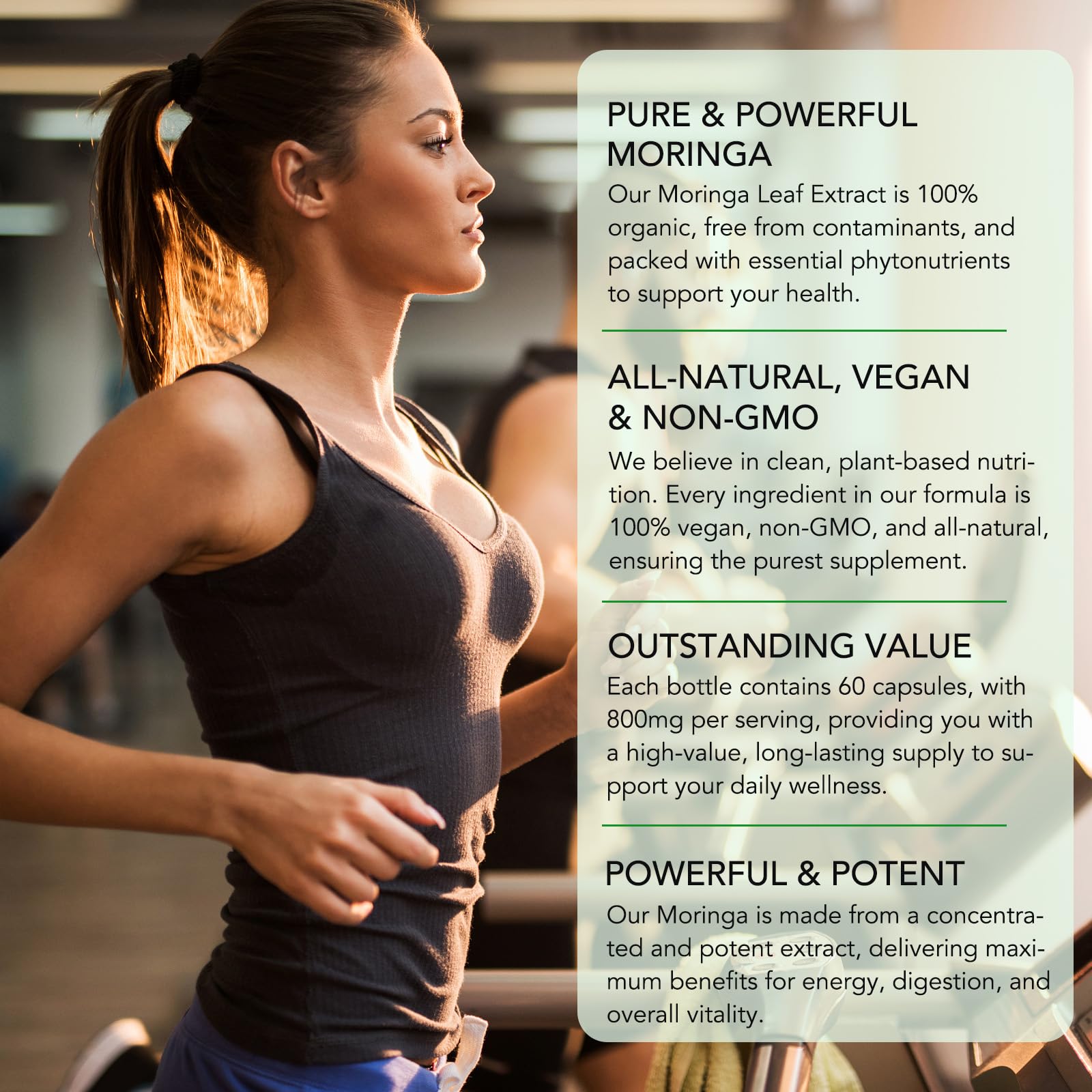Flasture Moringa capsules closeup shows vegan capsules with green moringa.