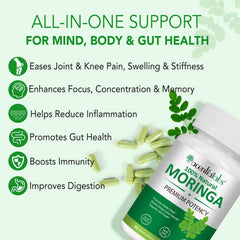 Flasture Moringa capsules label highlights organic moringa leaves and purity.