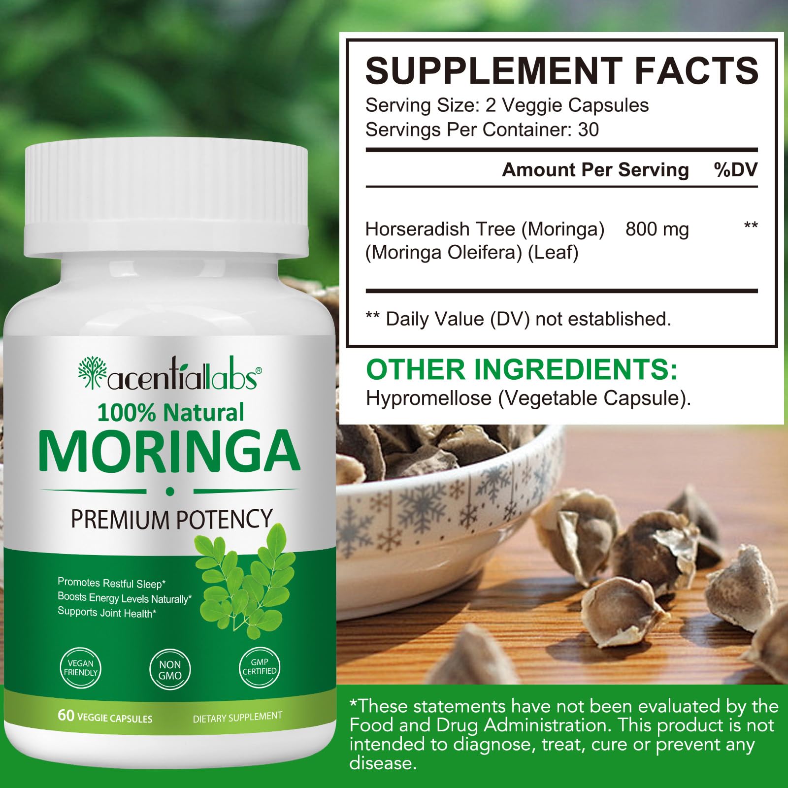 Flasture Moringa capsules packaging emphasizes non-GMO and no artificial colors.