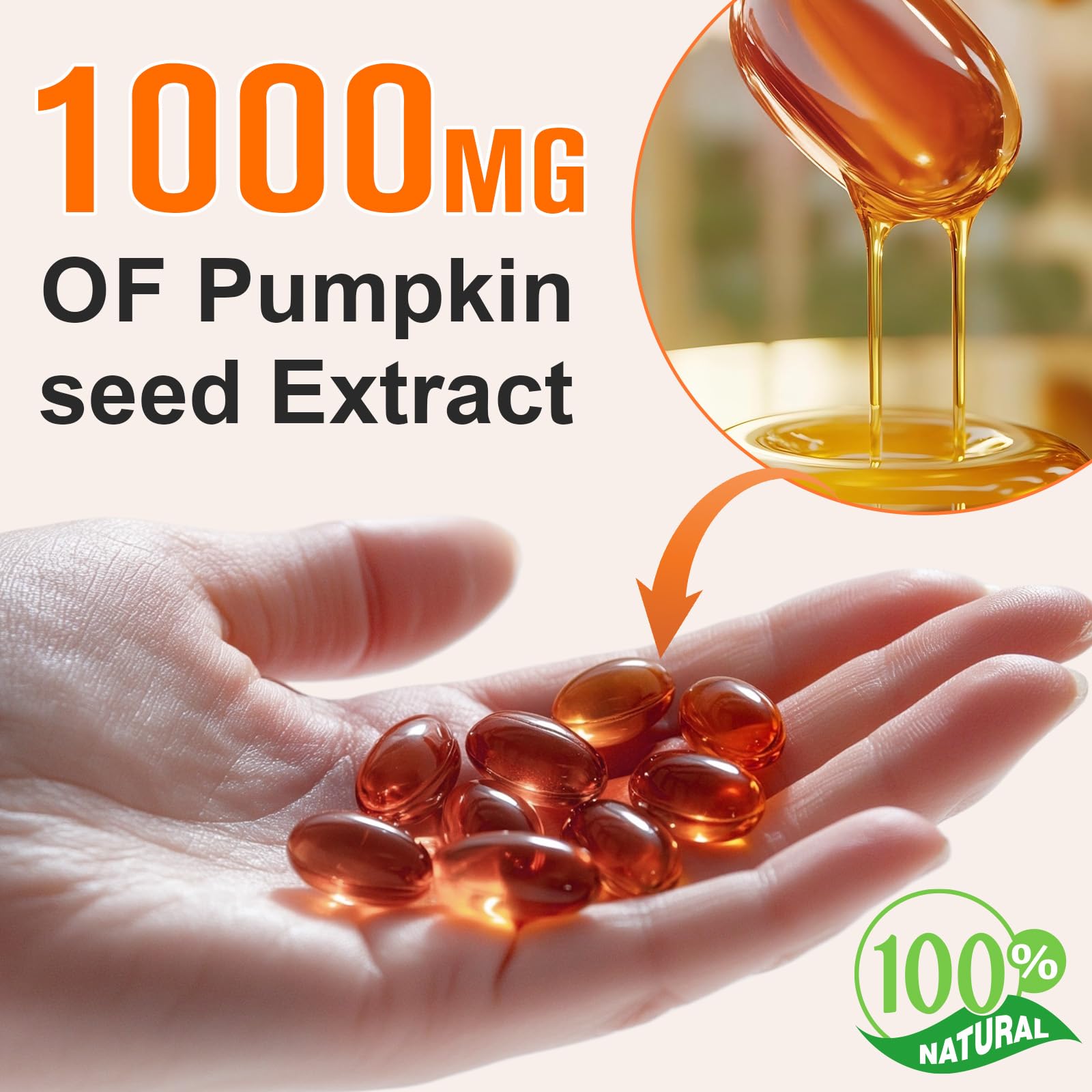 Flasture pumpkin seed oil capsules closeup—potent 1000mg per serving.
