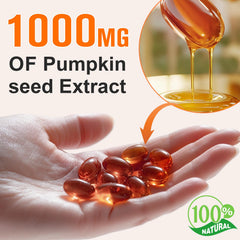 Flasture pumpkin seed oil capsules closeup—potent 1000mg per serving.