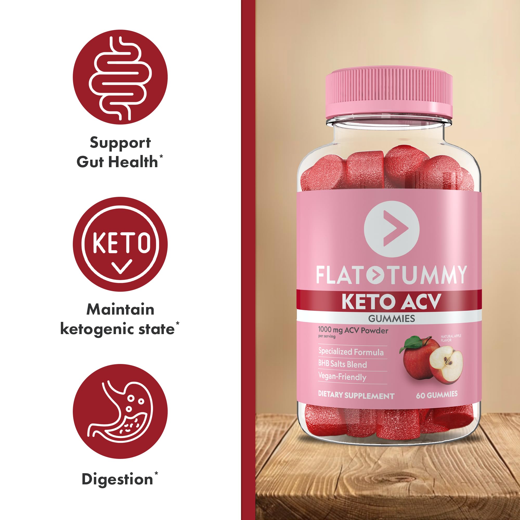 Flat Tummy Keto ACV Gummies packaging highlighting vegan-friendly, gluten-free formula.