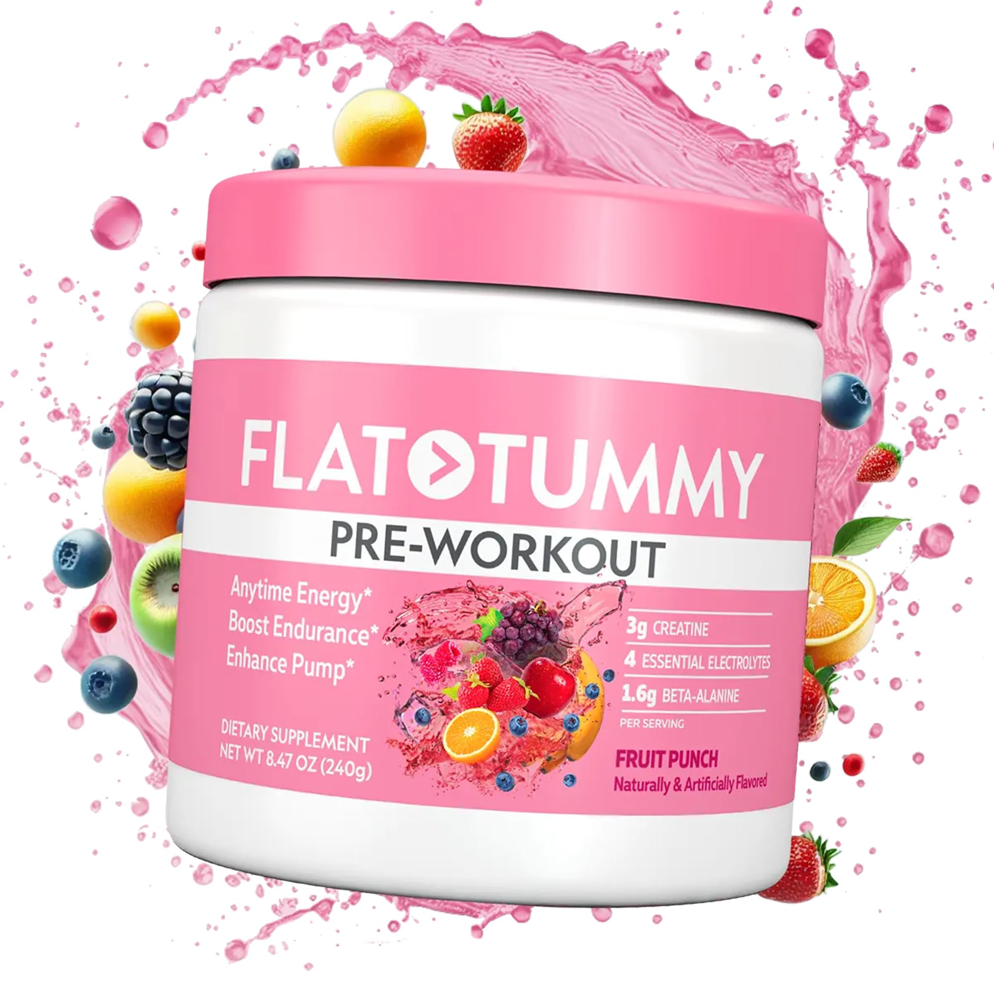 Flat Tummy Pre Workout Women bottle with Watermelon flavor boosts energy for workouts.