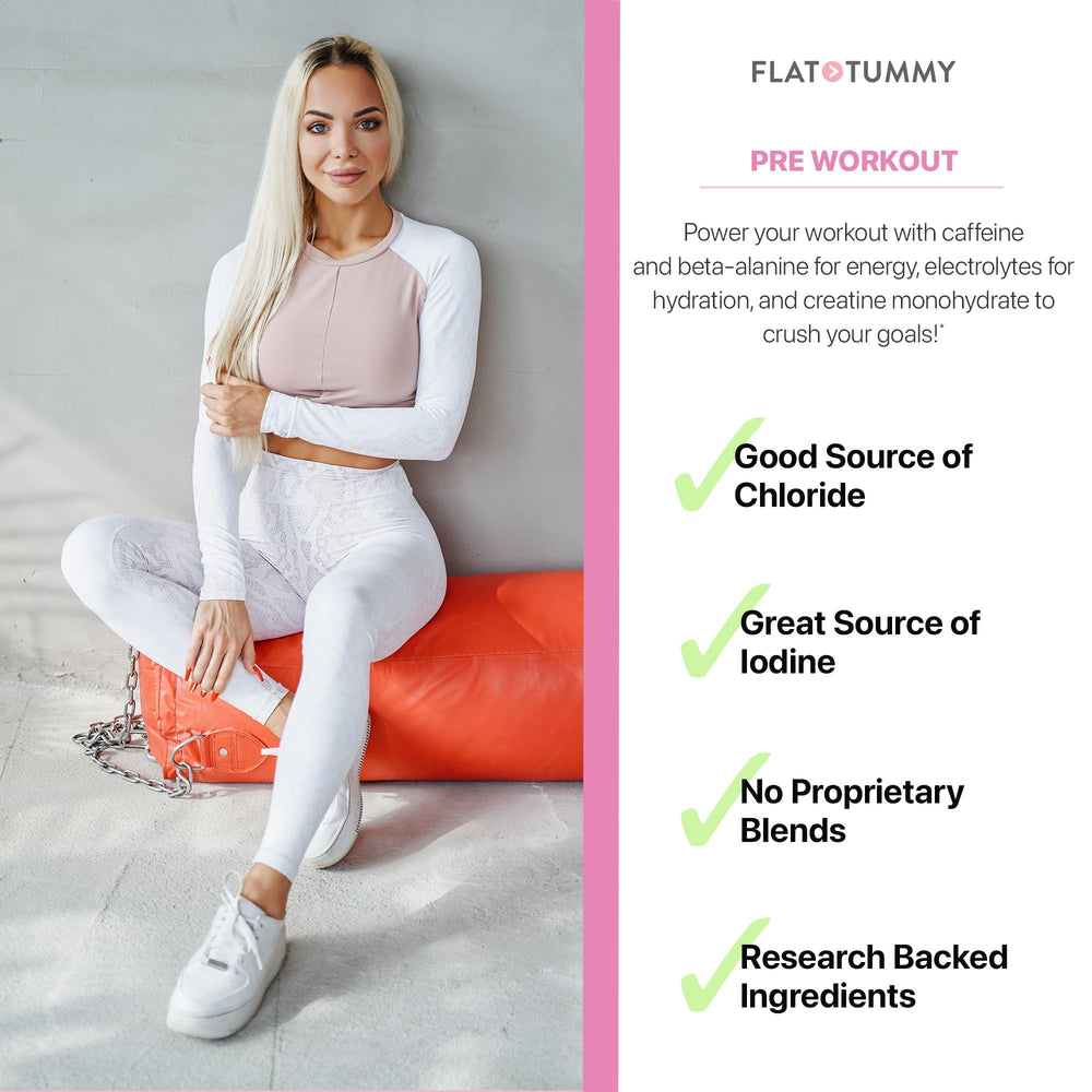 Flat Tummy Pre Workout Women nutrition label highlights caffeine, beta-alanine, creatine per serving.