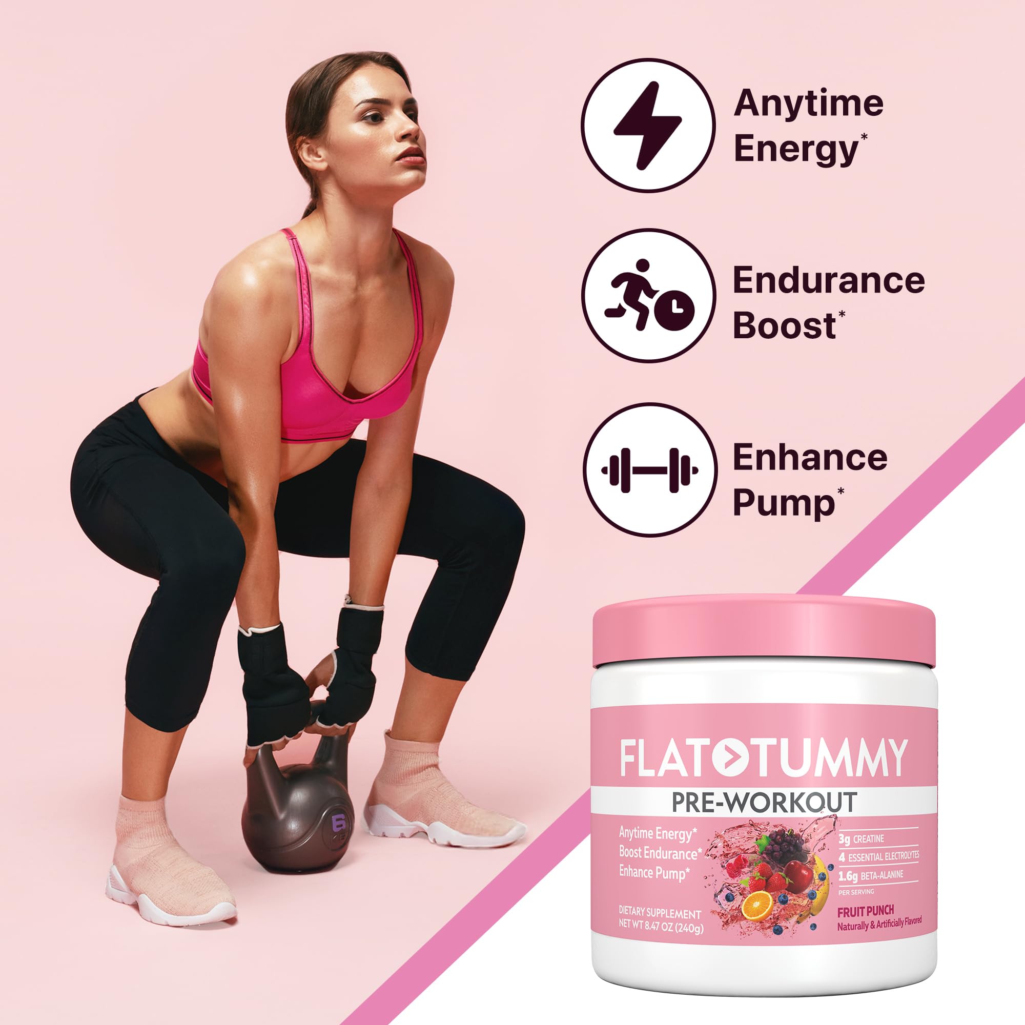 Flat Tummy Pre Workout Women scoop shown for easy measuring before training.