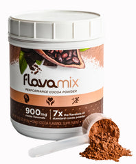 FlavaNaturals FlavaMix bottle showing rich cocoa powder and 900mg flavanols per serving