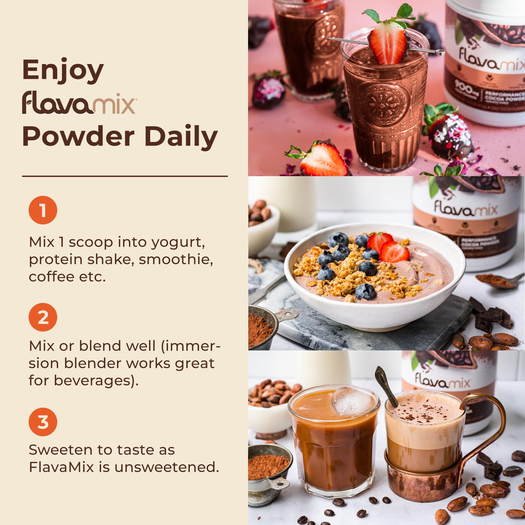 Shake glass featuring FlavaMix performance cocoa powder ready to blend